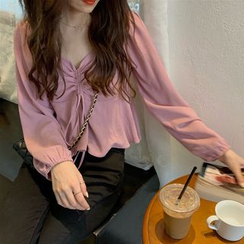 Shopherd - Long-Sleeve Frill Trim Drawcord Blouse Shopherd - Long-Sleeve Frill Trim Drawcord Blouse