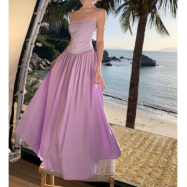 Faiar-Spaghetti Strap Ribbed Panel Midi A-Line Dress