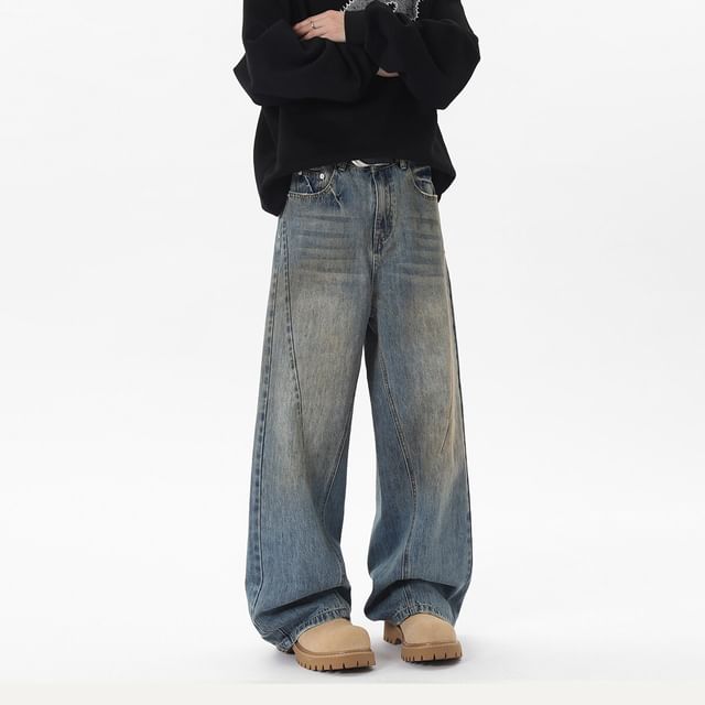 Koiyua-Mid Rise Washed Wide Leg Jeans