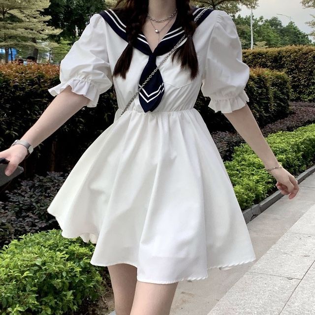 Sisyphi - Short-Sleeve Sailor Collar Mini A-Line Dress