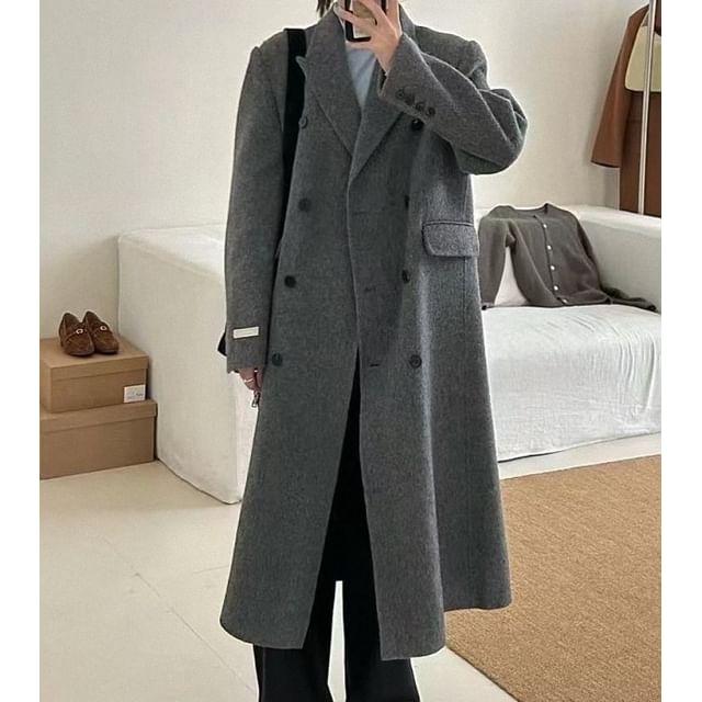 Kenning-Lapel Collar Melange Midi Double-Breasted Coat