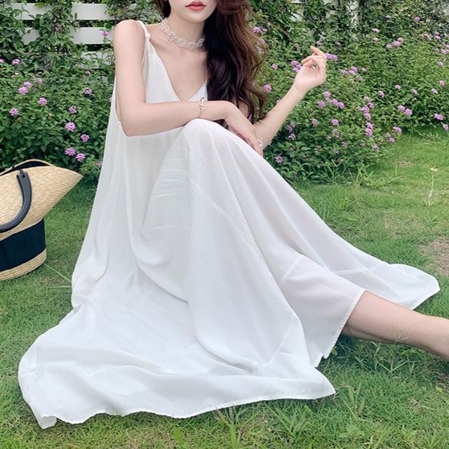 Fioridi-Spaghetti Strap Plain Midi A-Line Dress