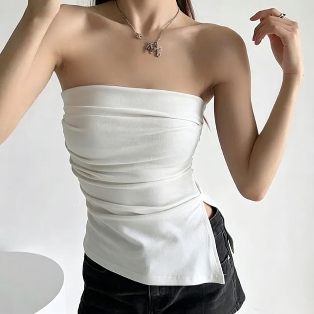 Ulark-Plain Ruched Slit Tube Top