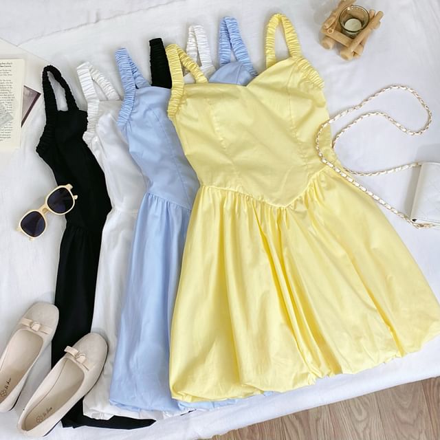Iasia-Spaghetti Strap V-Neck Plain Mini A-Line Dress