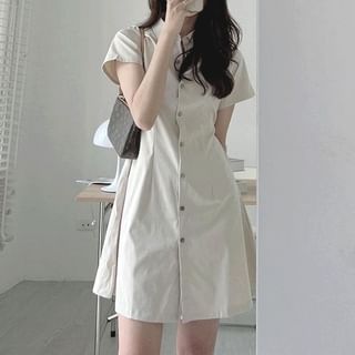 Onipixiy Short-Sleeve Plain Button-Up Mini A-Line Shirt Dress Sale