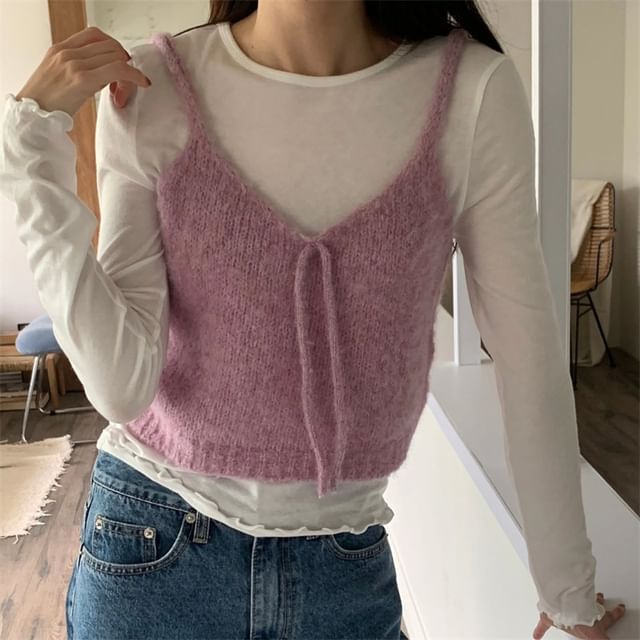 Jesong-V-Neck Plain Knit Crop Cami Top