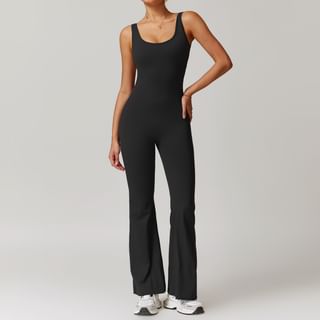 Skinniano Sleeveless Scoop Neck Plain Open Back Flared Sports Jumpsuit Sale