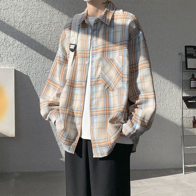 Priam-Long Sleeve Collared Plaid Button Down Oversized Shirt