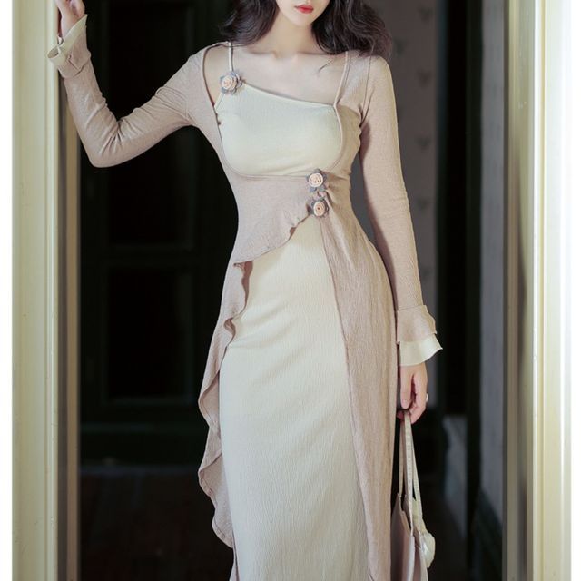 Lydiah - Flared-Sleeve Two Tone Mock Two-Piece Ruffle Midi Sheath Dress |  YesStyle
