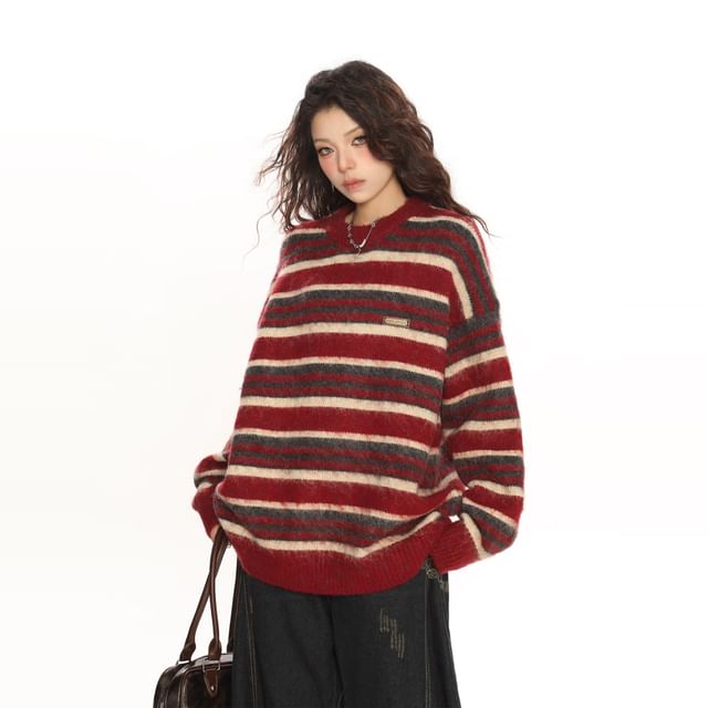 Berrytrix-Crew Neck Striped Oversized Sweater
