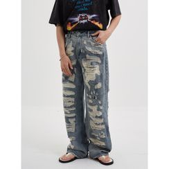 Primo - Distressed Washed Wide Leg Jeans