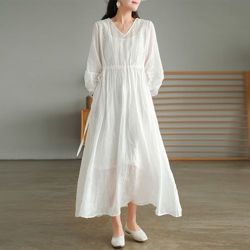 Supernova - 3/4-Sleeve V-Neck Plain Midi A-Line Dress | YesStyle