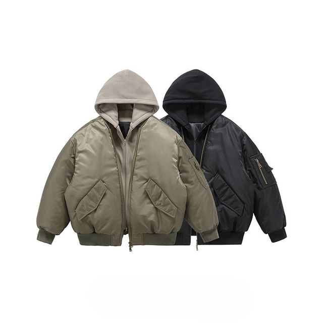 Hushgrain-Hooded Padded Zip Bomber Jacket