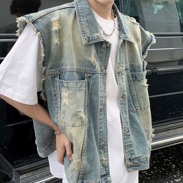 Hushgrain-Collar Distressed Washed Denim Button Vest