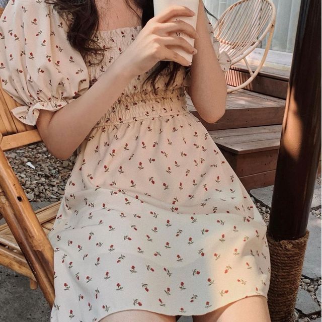 Cloud Nine-Short-Sleeve Shirred Floral Print A-Line Dress-One Size