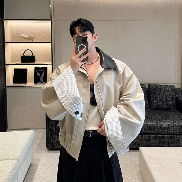 Orungeetun-Faux Leather Collar Zip Jacket