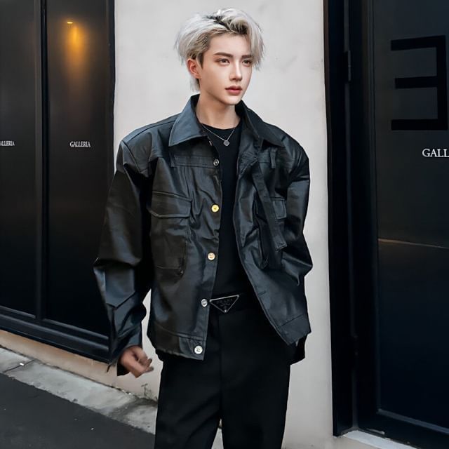 Orungeetun-Collared Plain Button-Up Crop Jacket
