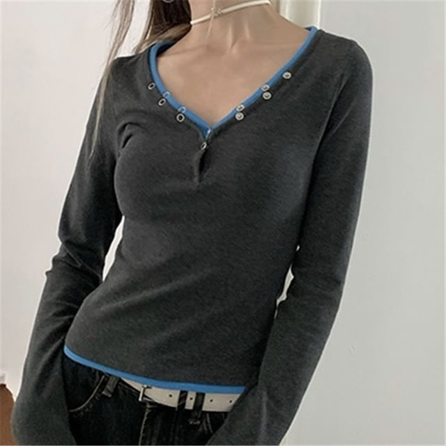 Asiris-Long Sleeve V-Neck Henley Contrast Trim Tee