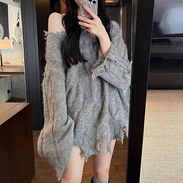 tandorfig Off Shoulder Cable Knit Distressed Hem Sweater YesStyle