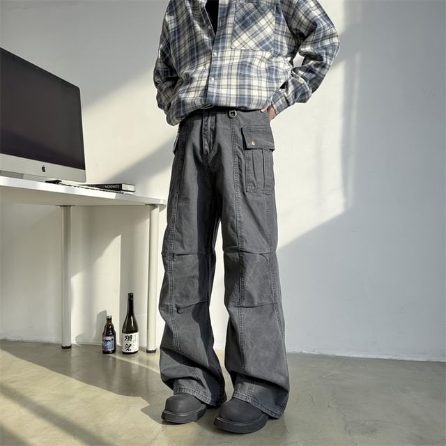 Plummie-Mid Rise Plain Wide Leg Cargo Jeans