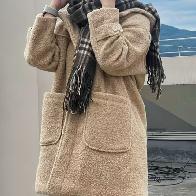PANDAGO-Faux Shearling Hooded Duffle Coat