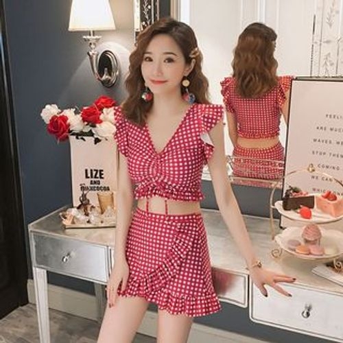 Salanghae Set Gingham Drawstring Swim Top Ruffled Swim Skirt YesStyle