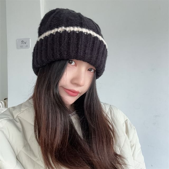 4-4 STUDIO-Contrast Trim Ribbed Knit Beanie