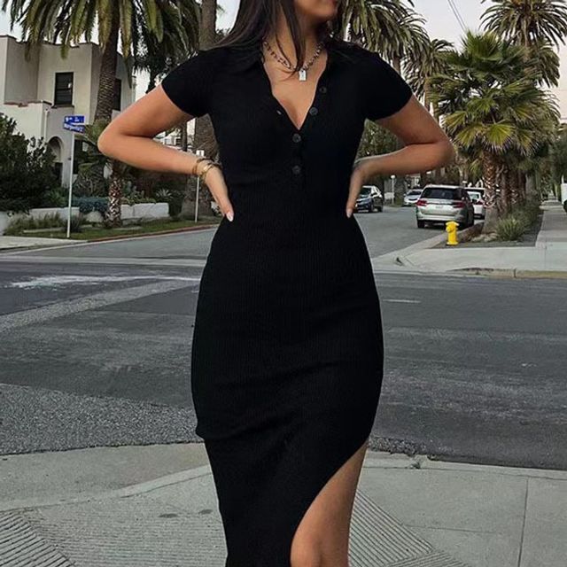 knee length dresses for ladies Athens Black Short Sleeve Fitted Midi Dress main image 1