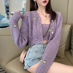 MANYA - Set: Embroidered Cropped Knit Camisole Top + Cardigan MANYA - Set: Embroidered Cropped Knit Camisole Top + Cardigan