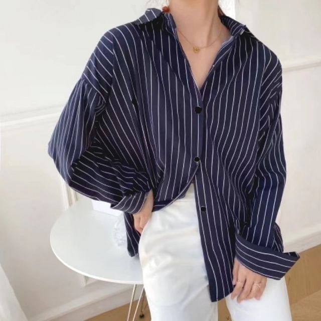 PINPI-Long Sleeve Collared Striped Button Up Shirt