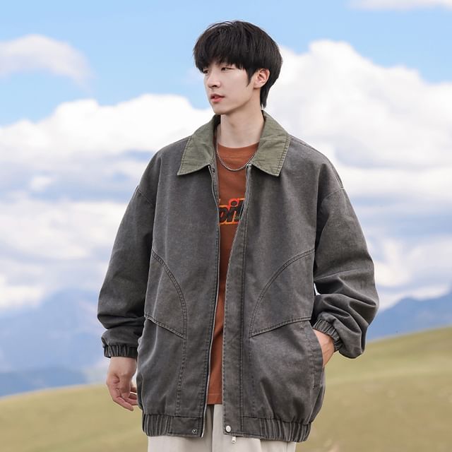 YERGO-Contrast Collar Washed Zip-Up Jacket