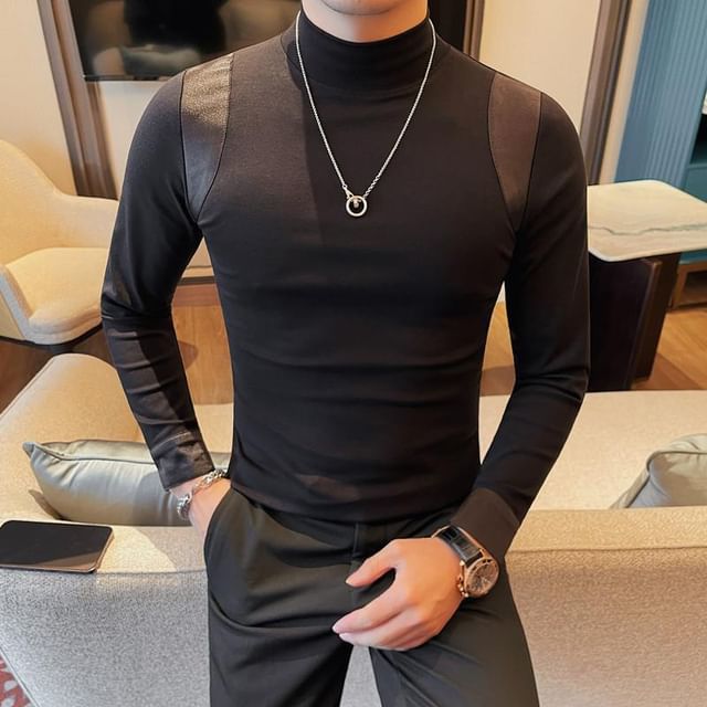 Lefitt-Long-Sleeve Turtleneck Plain T-Shirt
