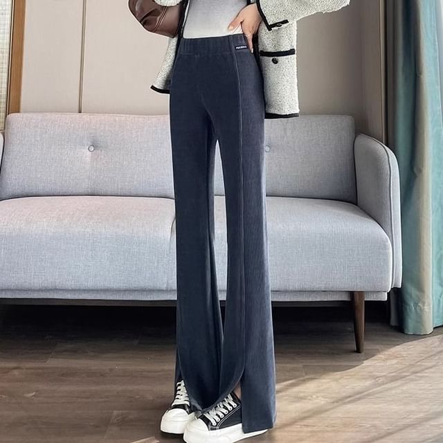 Cloud Nine-High Waist Plain Corduroy Split Hem Flared Pants