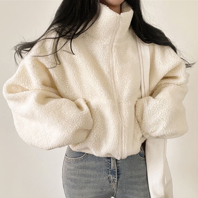 CRIBI-Stand Collar Plain Fleece Zip Up Jacket