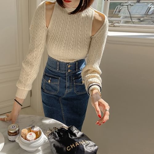 Cable-Knit Set: Shrug Bolero + Mockneck Top