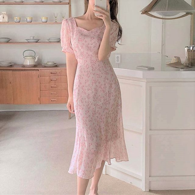 Tantelion - Short-Sleeve Floral Midi Chiffon Dress | YesStyle