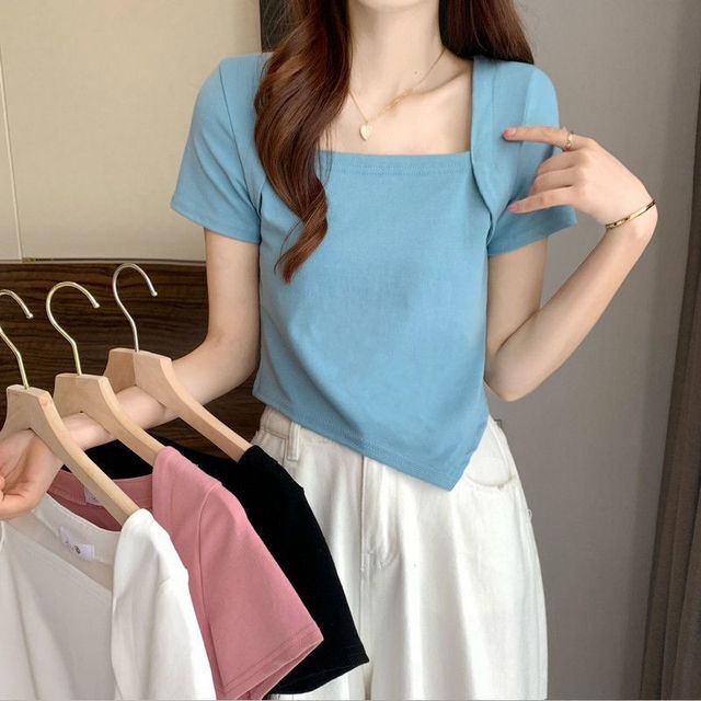 Hevnir-Short-Sleeve Square Neck Irregular Cropped T-Shirt
