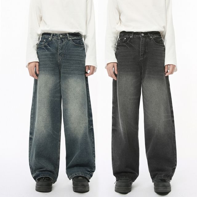 FAERIS-Mid Rise Washed Wide Leg Jeans