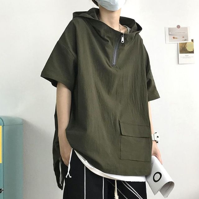 Blueforce-Short-Sleeve Hooded Plain Half Zip T-Shirt