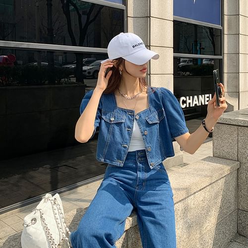 Cropped denim clearance jacket puff shoulders