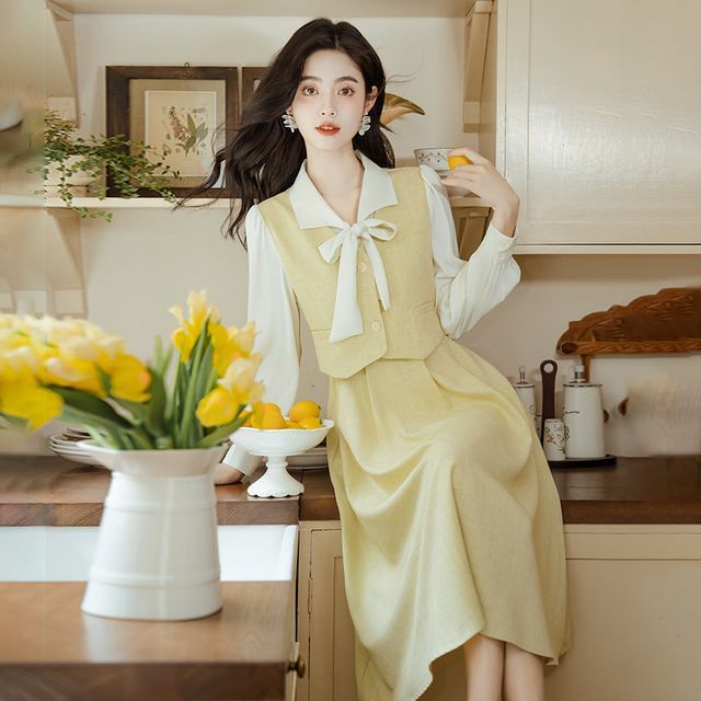 GIRL Lace Sleeve One-Piece Dress Yellow Festive Wear Plain