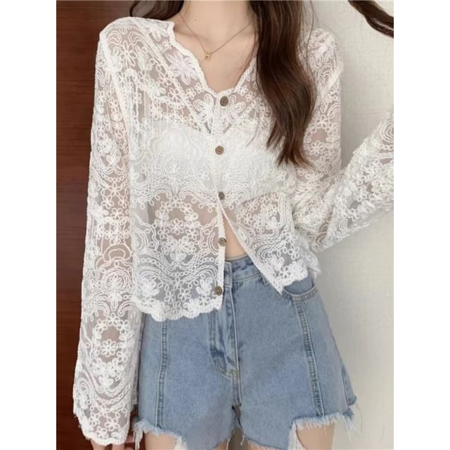 Essere-V-Neck Button-Up Lace Jacket