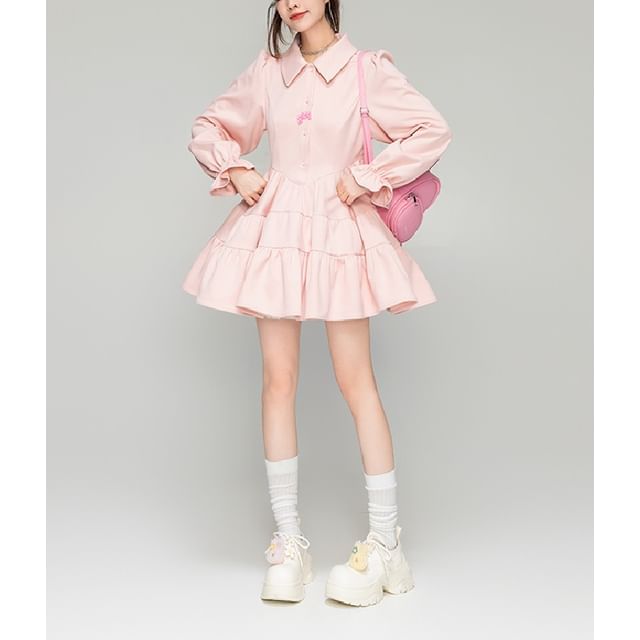 Keiko Girl - Long-Sleeve Peter Pan Collar Plain Ruffle Mini A-Line Dress | YesStyle Keiko Girl - Long-Sleeve Peter Pan Collar Plain Ruffle Mini A-Line Dress | YesStyle