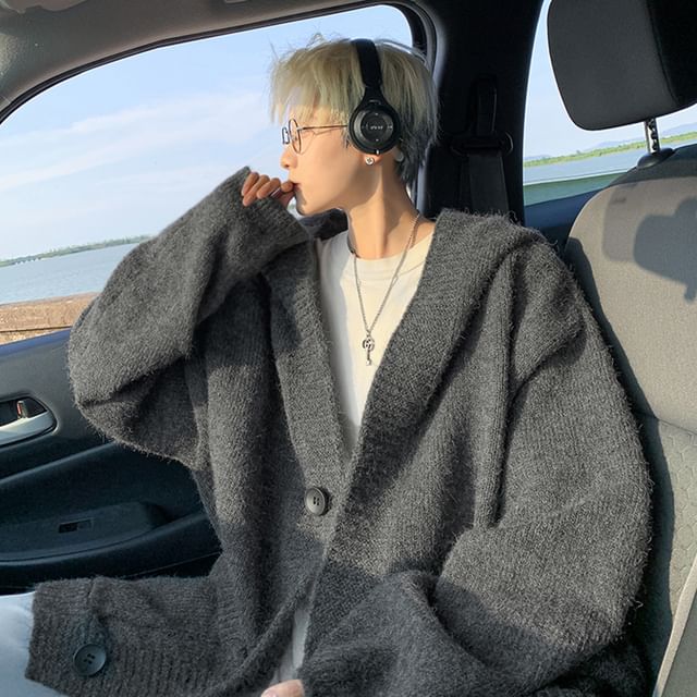 DragonRoad-Plain Hooded Button-Up Cardigan
