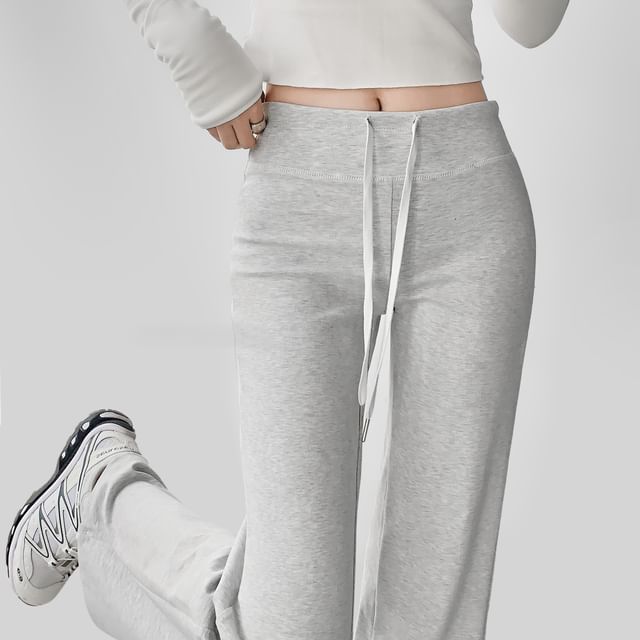 LIVIE-Drawstring Waist Plain Wide Leg Pants