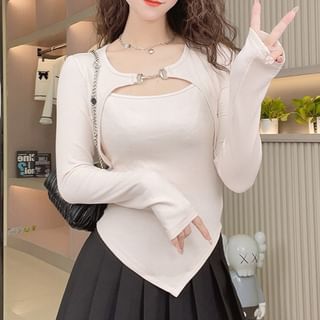Woohan-Long-Sleeve Plain Buckled Asymmetrical Tee