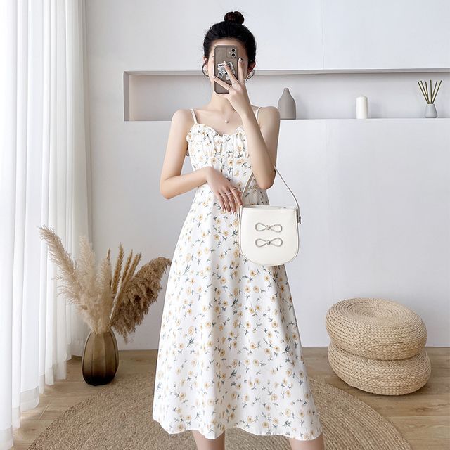 knee length dresses for ladies Sky Blue Floral Ruffle Hem Midi Dress Sky Blue / XL main image 1