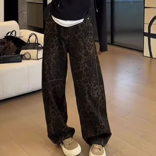 Wildfoea-Mid Waist Leopard Print Baggy Jeans
