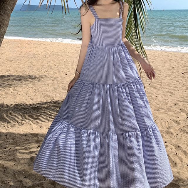 chinese dress ladies Sky Blue Striped Ruffle Maxi Dress main image 0
