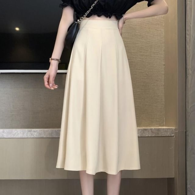 Sisyphi-High Waist Plain Midi A-Line Skirt